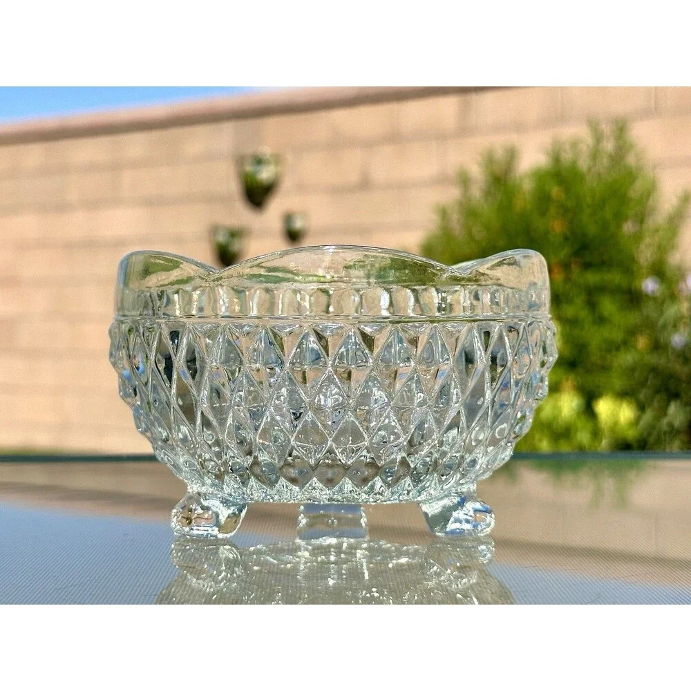 Vintage Indiana Glass Diamond Point Candy Dish 3‑Footed Clear Bowl 5